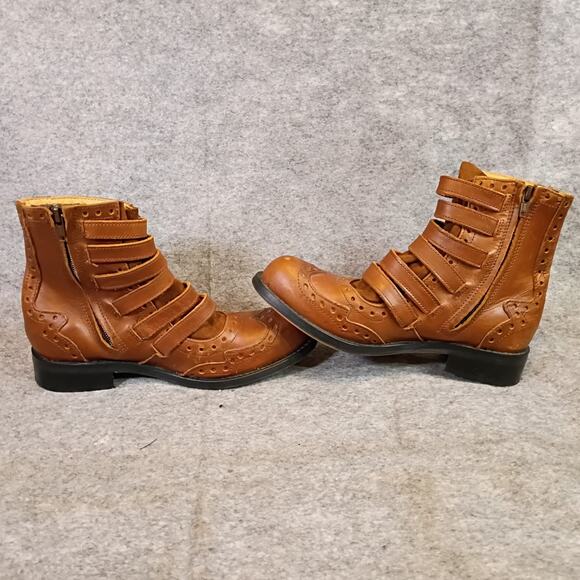 John Fluevog Womens 6 Multi-Strap Buckle Brogue Ankle Boots Caramel Leather - Picture 10 of 14
